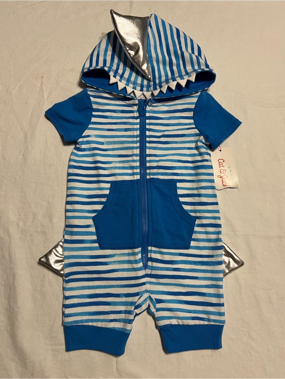 Cat & Jack Blue and White Striped Shark Hoodie Romper